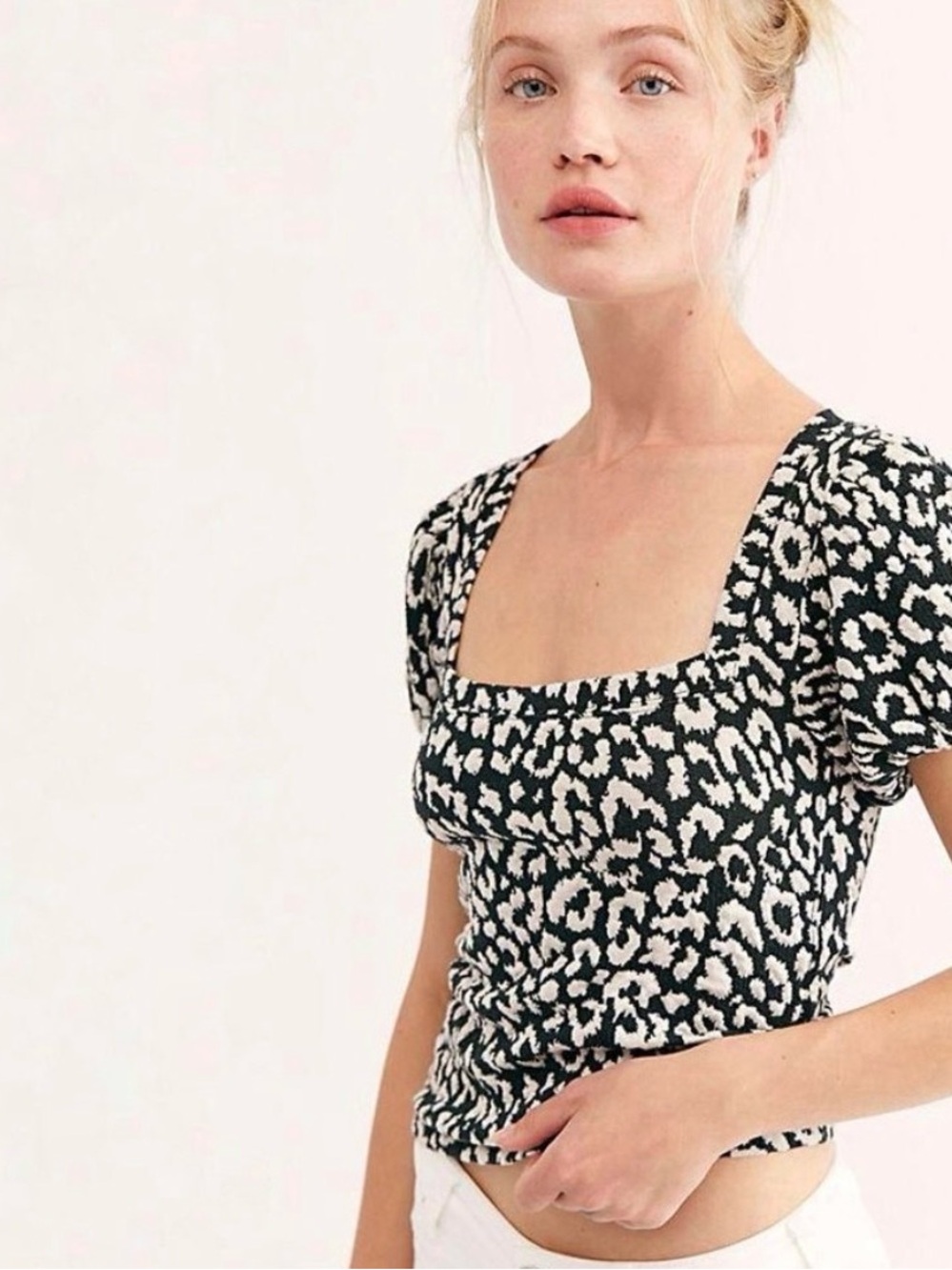 Free People No Type Leopard Print Square Neck Tee Sz Medium